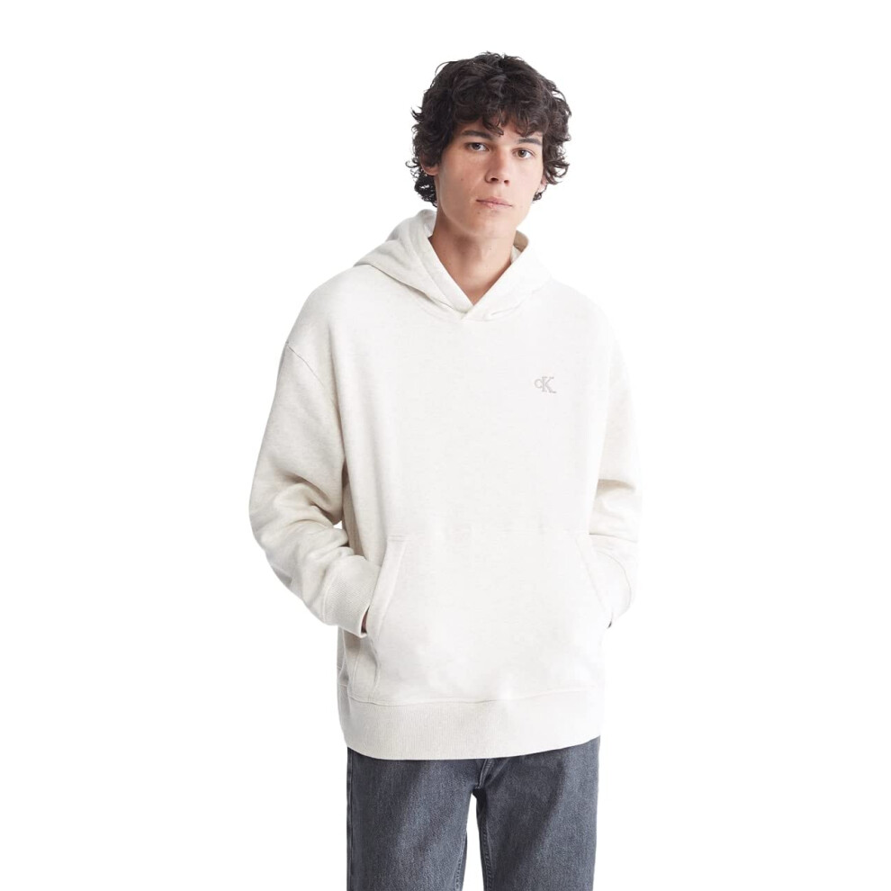 Calvin Klein Men's Relaxed Fit Monogram Logo Fleece Hoodie  Beige Heat