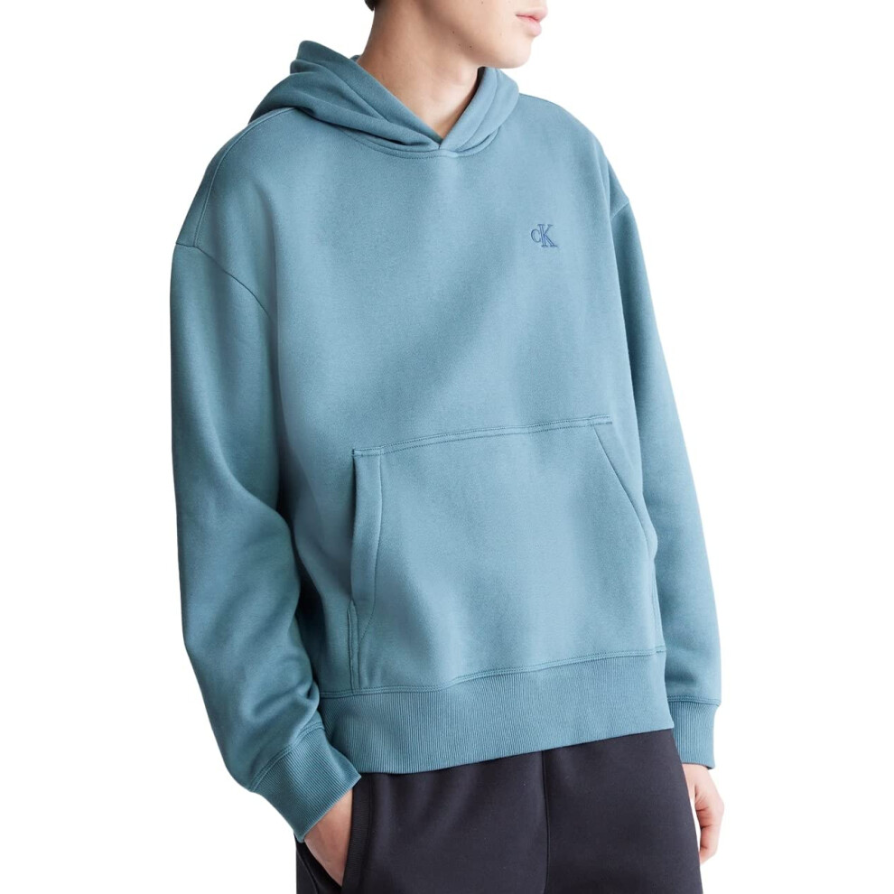 Calvin Klein Men's Relaxed Fit Monogram Logo Fleece Hoodie  Blue Lake