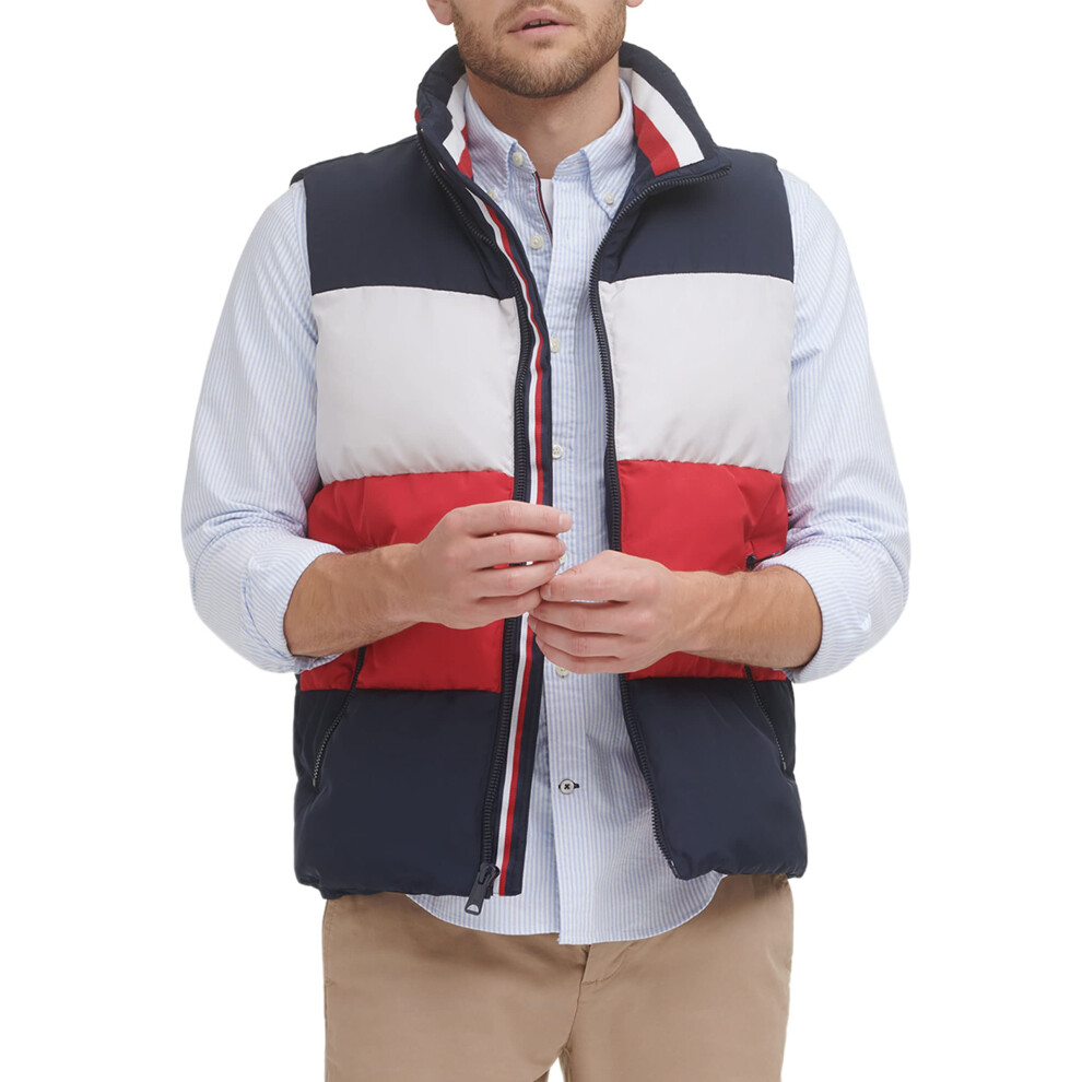 Tommy Hilfiger Men's Quilted Stand Collar Vest  Midnight/Ice/Red  X-La