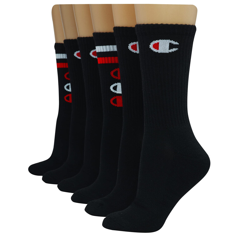 Champion Women's Double Dry 6-Pair Pack Logo Crew Socks  Black Stripes