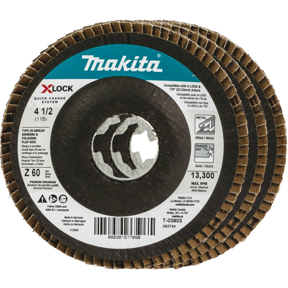 Makita T-03903-3 X-Lock 4-1/2"" 60 Grit Type 29 Angled Grinding and Po