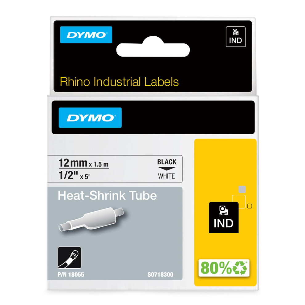 DYMO Rhino Industrial Heat-Shrink Labels  1/2"" Tube  Black Print on W