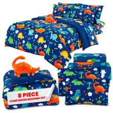 Sapphire Home 8 Piece Dinosaur Full Bedding Set for Boys Bed in a Bag Kids Comforter Set with Bed Sheets Pillow Case Toy Pillow Toddler Bedroom