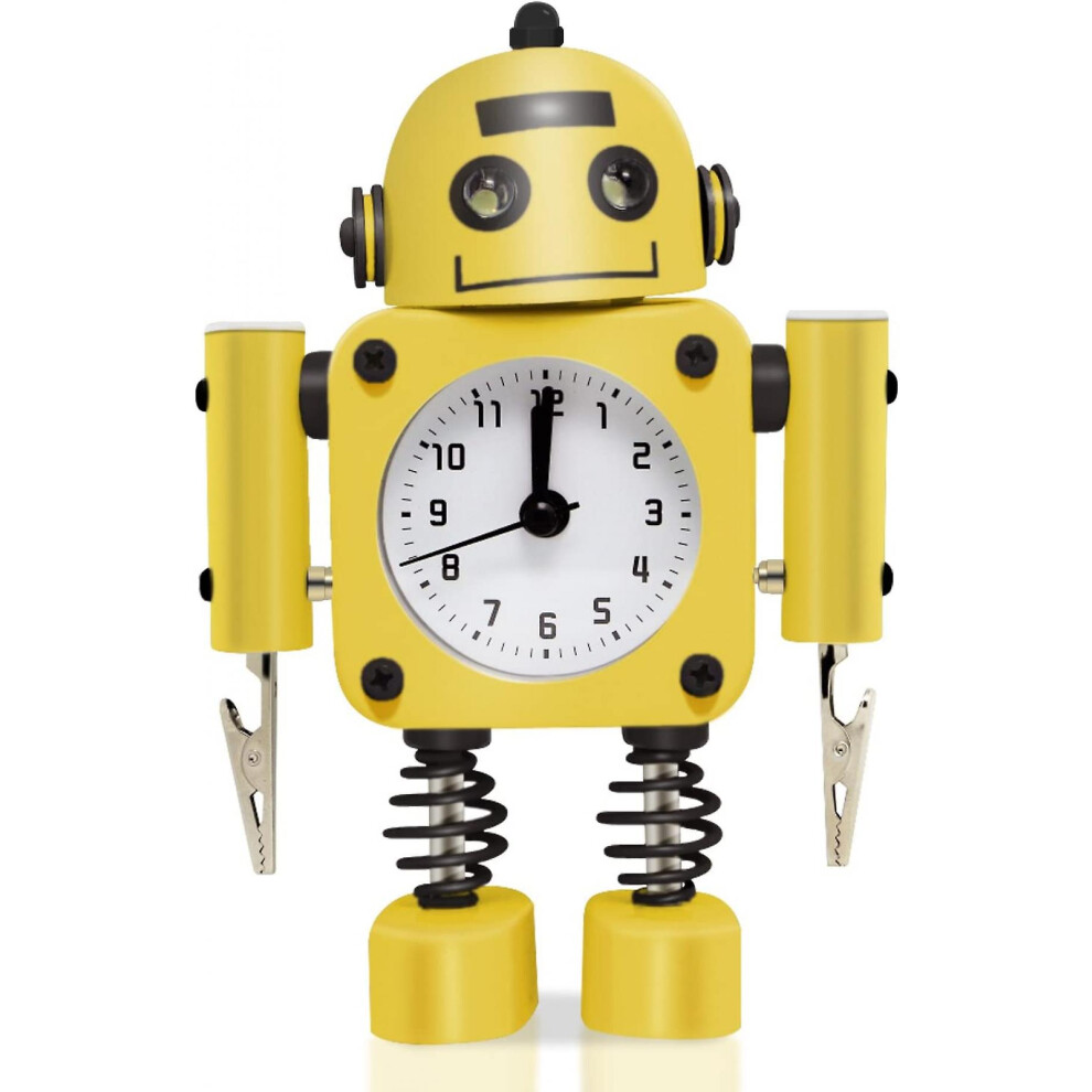 Wekity Non-ticking Robot Alarm Clock Stainless Metal - Wake-up Clock With Flashing Eye Lights And Hand Clip (yellow)