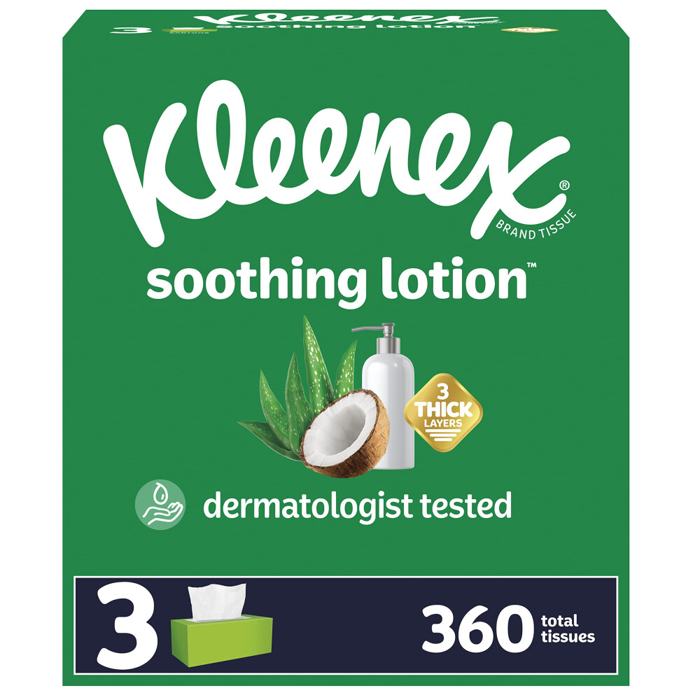 Kleenex Lotion Facial Tissues with Coconut Oil  3 Flat Boxes  120 Tiss