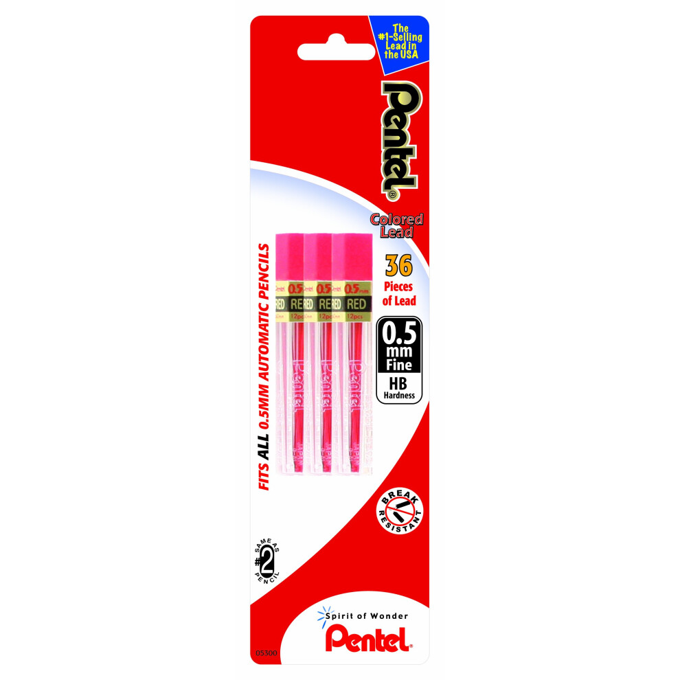 Pentel Refill Lead  0.5mm  Fine  Red  12 Pieces Per Tube  3 Pack (PPR5