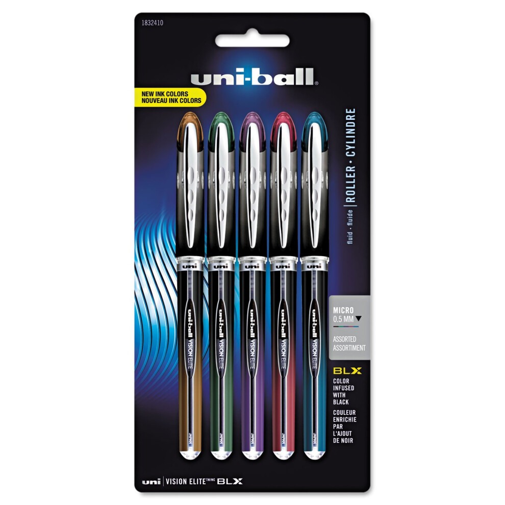 Uniball Vision Elite BLX Rollerball Pens  Assorted Pens Pack of 5  Mic