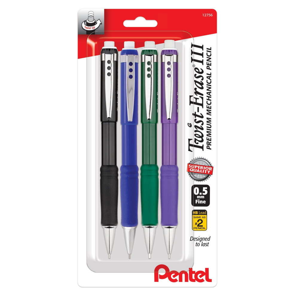 Pentel Twist Erase III Premium Mechanical Pencil 0.5mm 4 pack Assorted