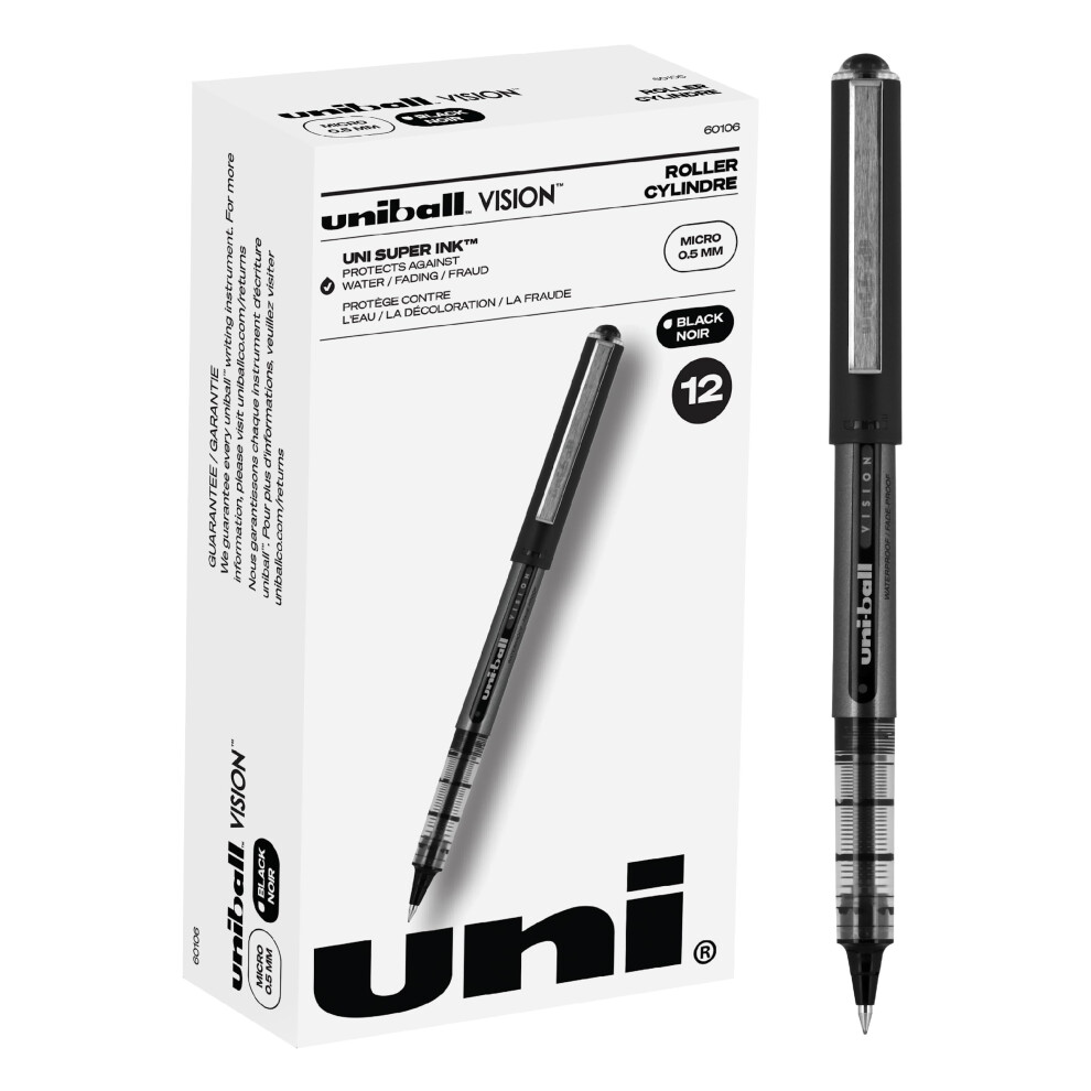 Uniball Vision Rollerball Pens  12-Pack  Fine Point  Black Ink  Waterp