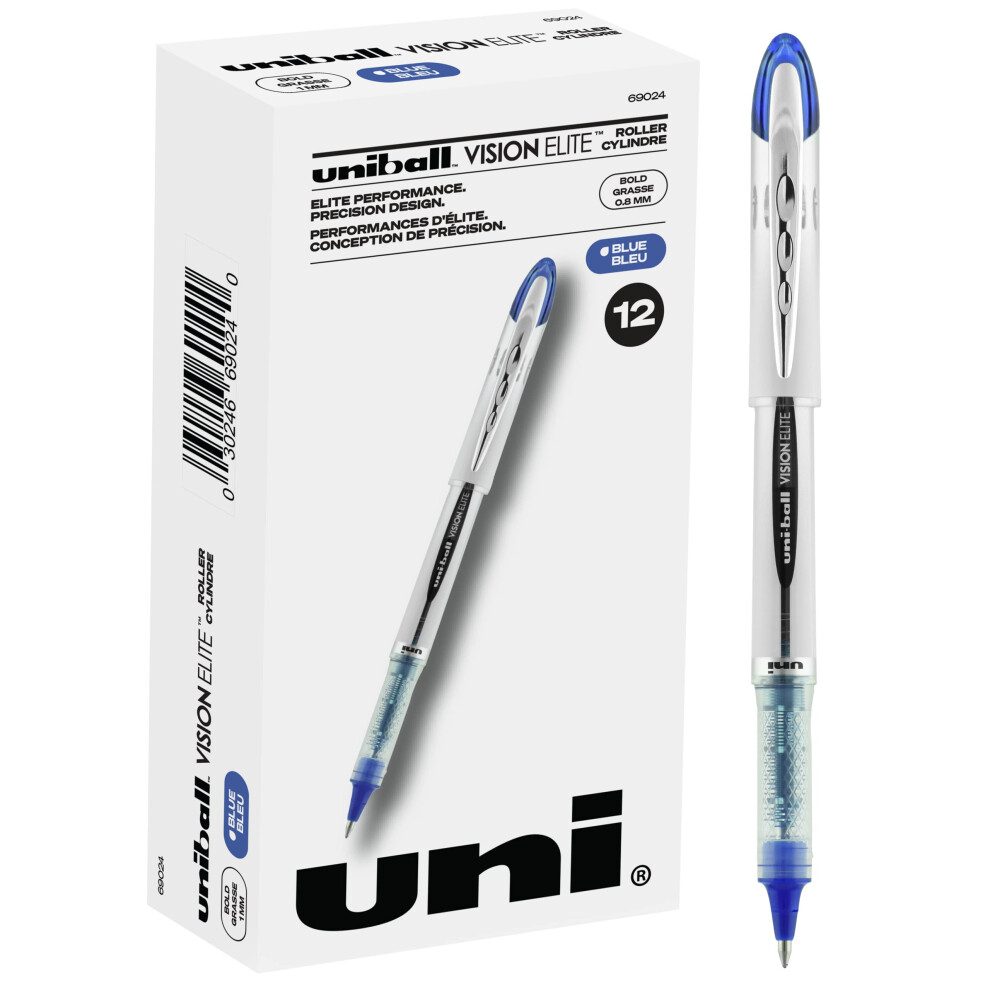 Uniball Vision Elite Rollerball Pens  Blue Pens Pack of 12  Bold Pens