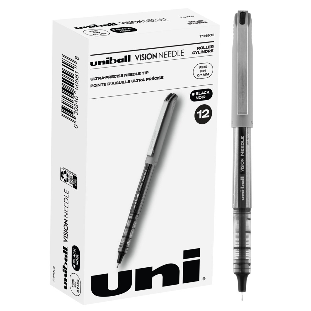 Uniball Vision Needle Rollerball Pens  Black Pens Pack of 12  Fine Poi