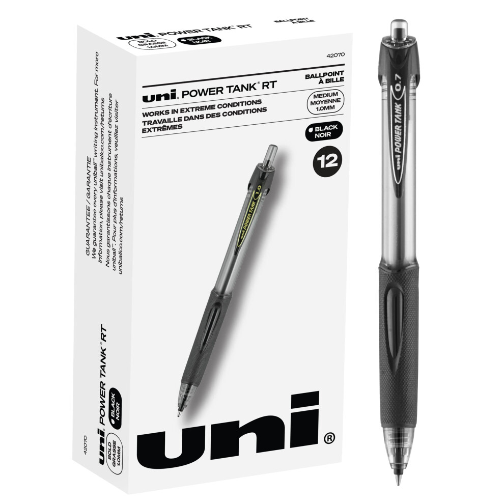 Uniball PowerTank RT Black Pens 12 Pack  1.0mm Bold Pens  Ballpoint  P