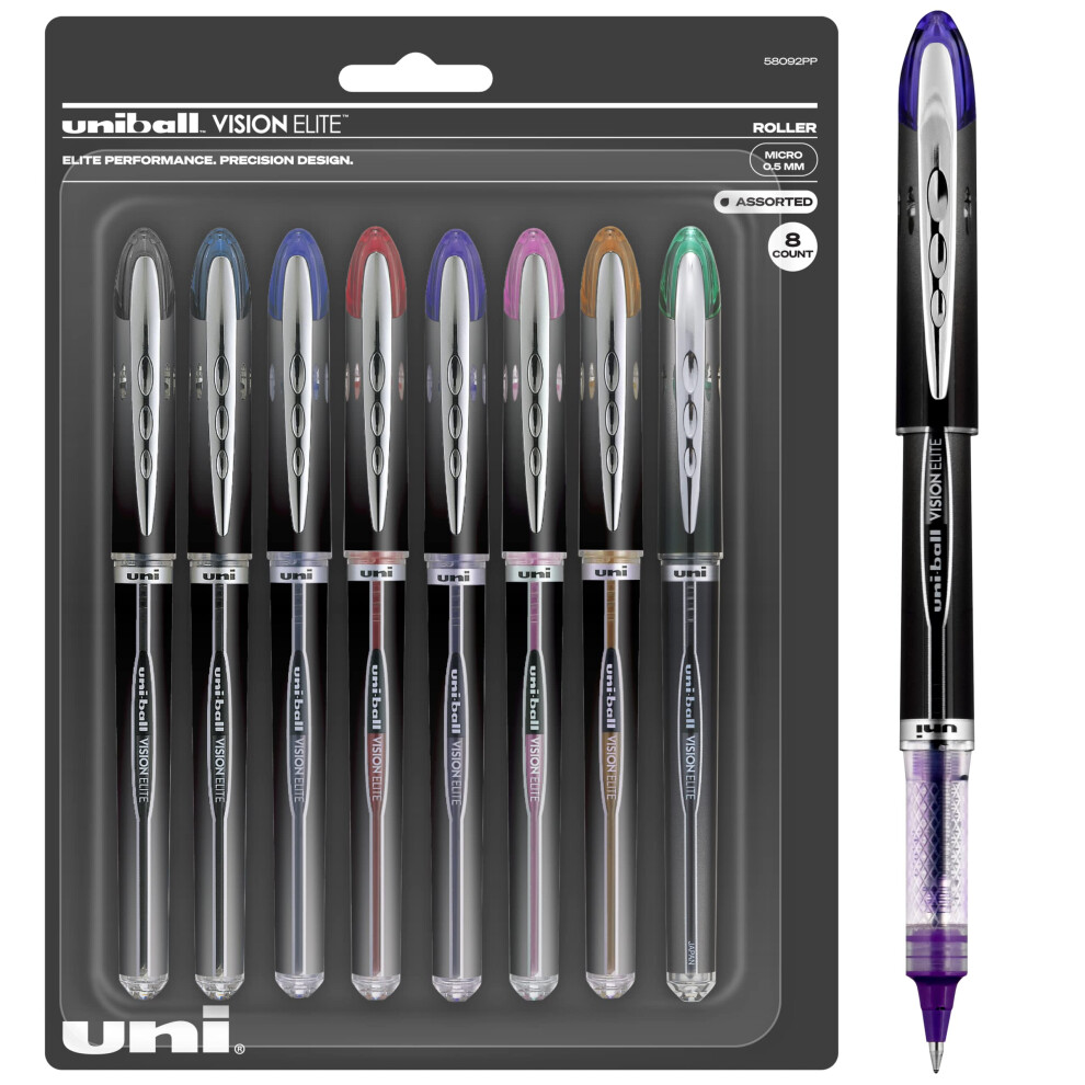 Uniball Vision Elite Rollerball Pens  Assorted Pens Pack of 8  Micro P