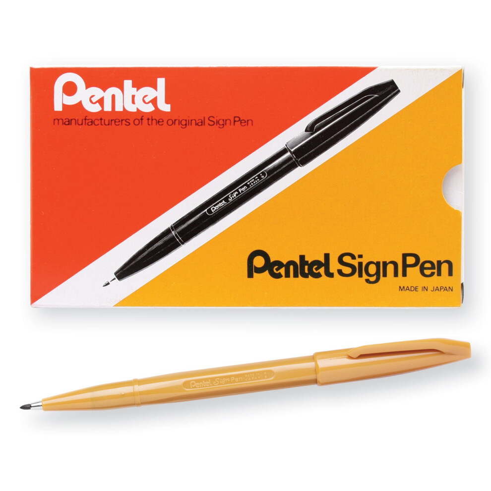 Pentel Sign Pen Fiber-Tipped Pen  Yellow Ochre Ink  Box of 12 (S520-Y)