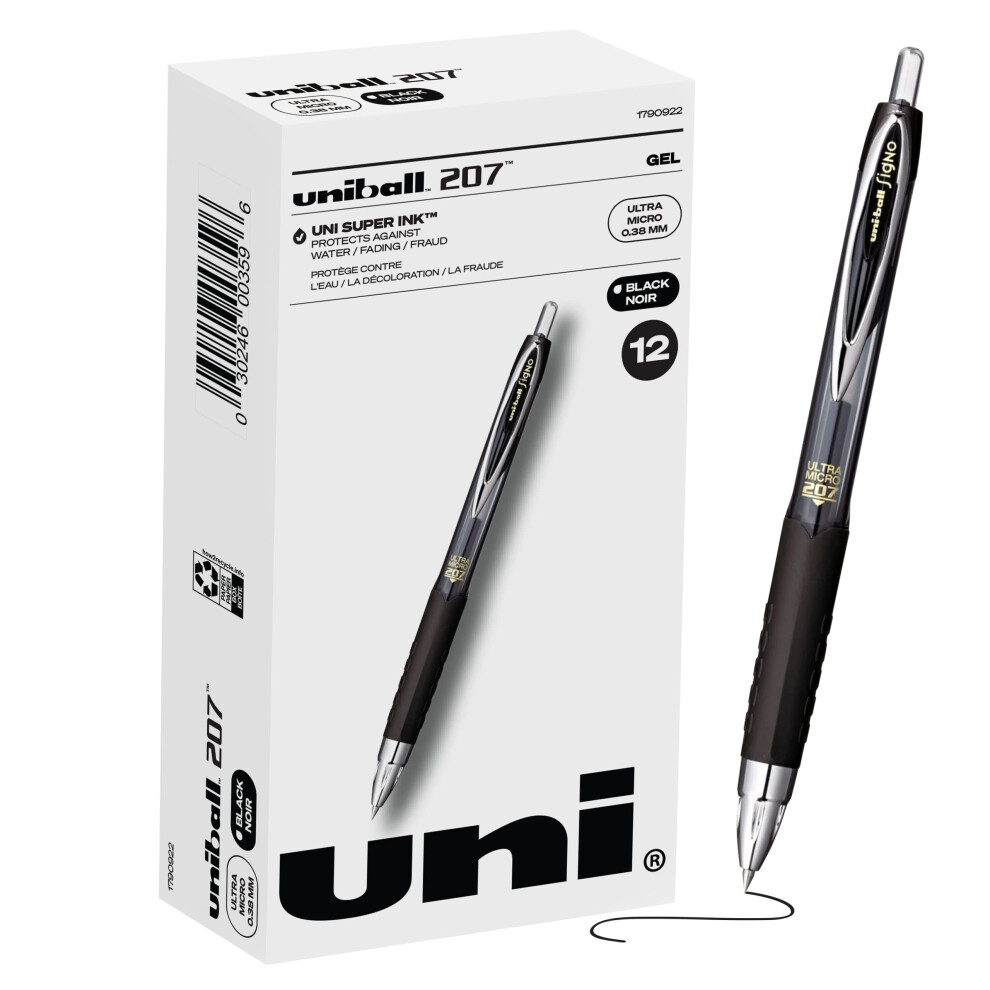 Uniball Signo 207 Gel Pen 12 Pack  0.38mm Ultra Micro Black Pens  Gel