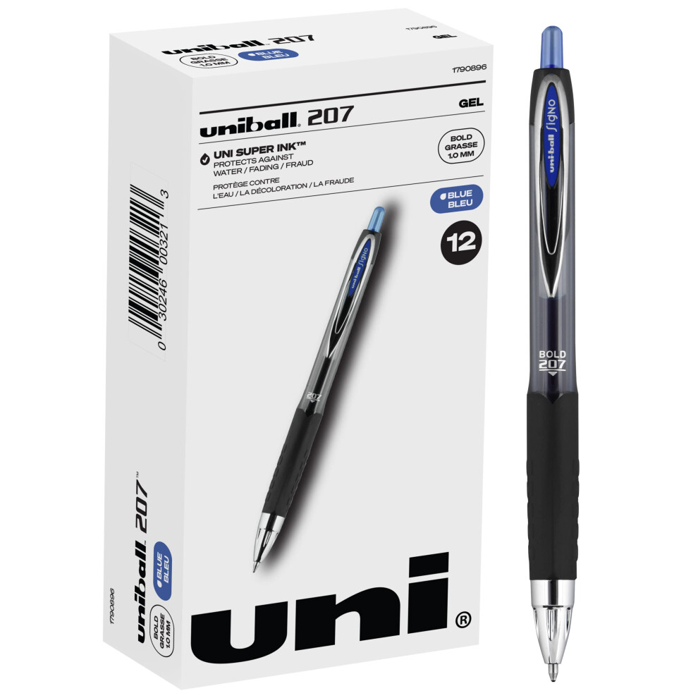 Uniball Signo 207  12 Pack 1.0mm Bold Blue Gel Pens - Water Resistant