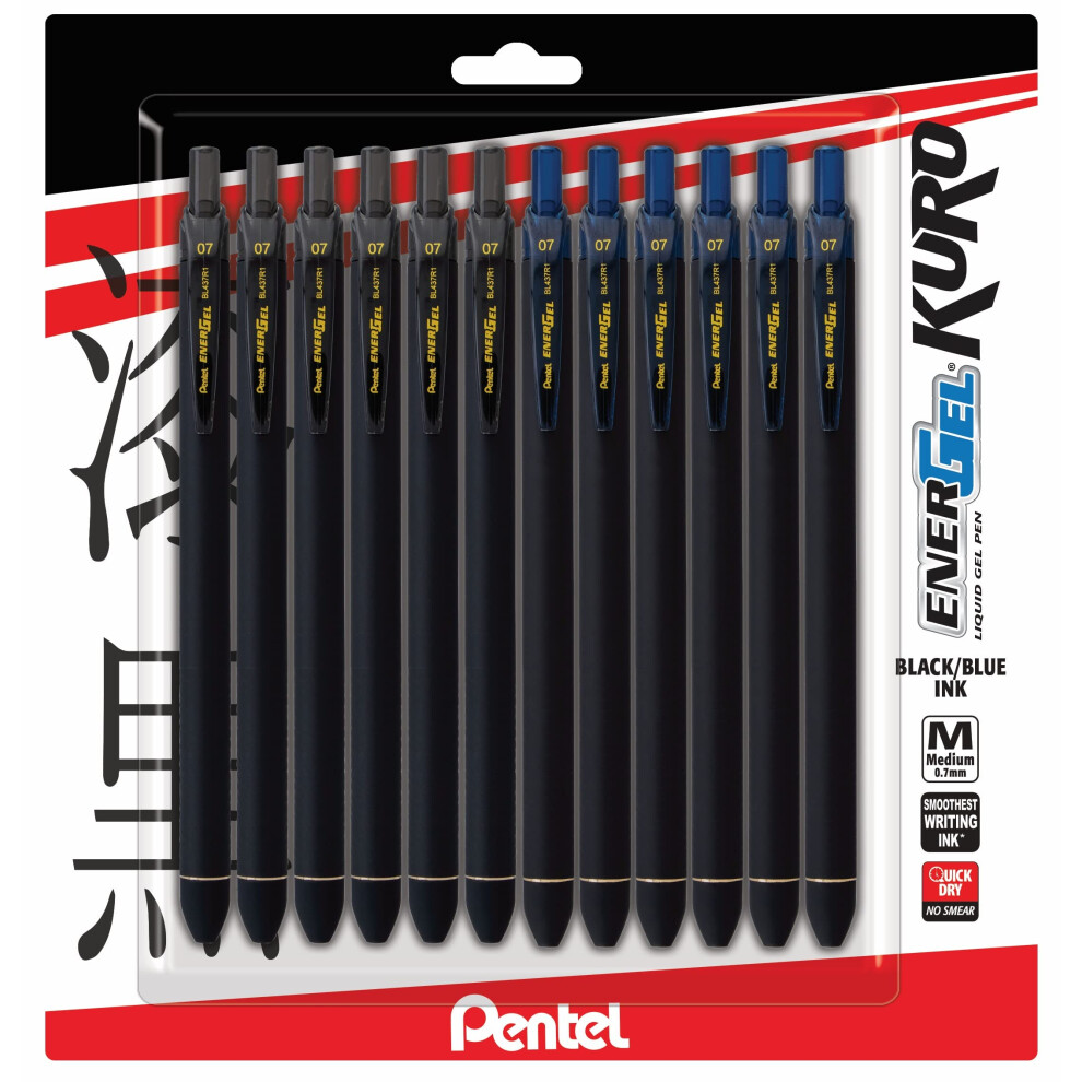 Pentel Energel 0.7 Kuro Gel Pen - Medium Line - 12 Pack Of 6 Black & 6