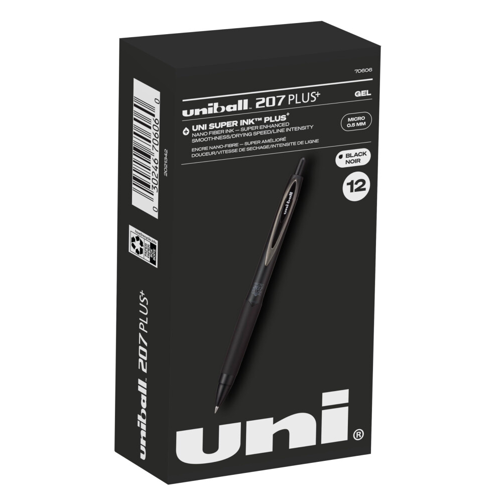 uni-ball 207 Plus+ Retractable Rollerball Gel Pens 12 Pack in Black wi