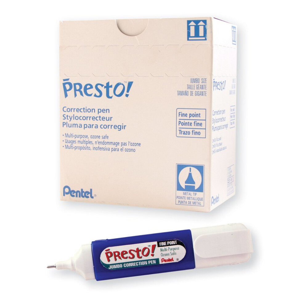 Pentel Presto! Jumbo Correction Pen  Fine Point  Metal Tip  Box of 12