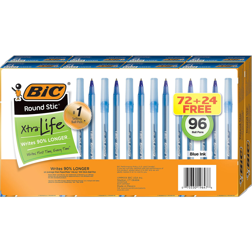 BIC Round Stic Xtra Life  Count of 96  Blue