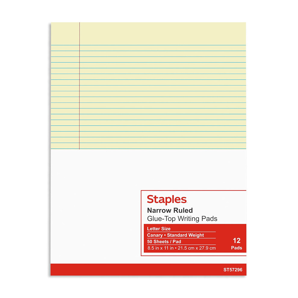 Staples 246801 Notepads 8.5-Inch X 11-Inch Narrow Canary 50 Sh./Pad 12