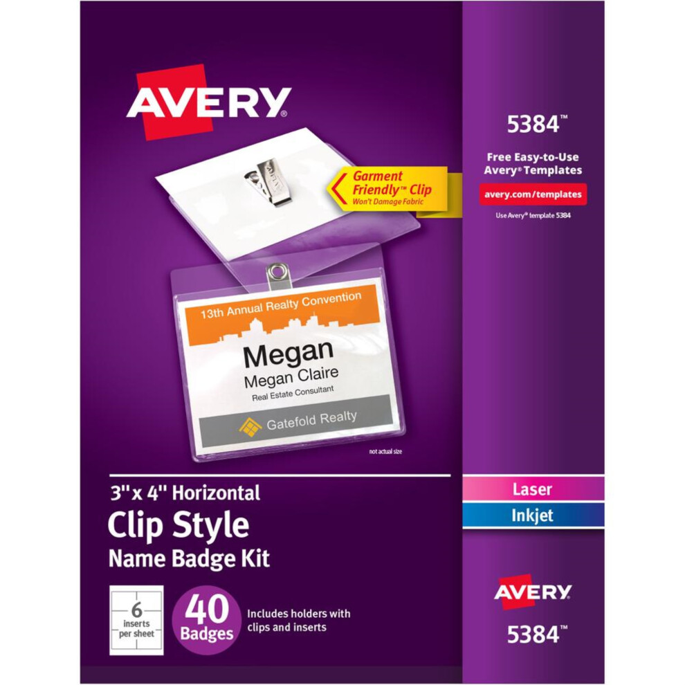 Badges nominatifs     clip Avery    adapt   s aux v   tements - 40/bo   te - Printa