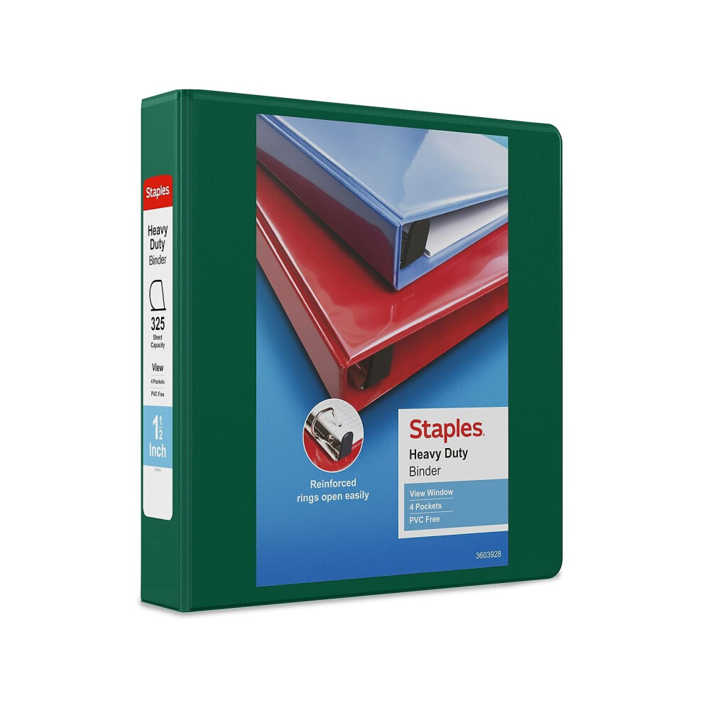 Staples 82681 Heavy-Duty 1.5-Inch 3-Ring Letter Binder Green (24682-US