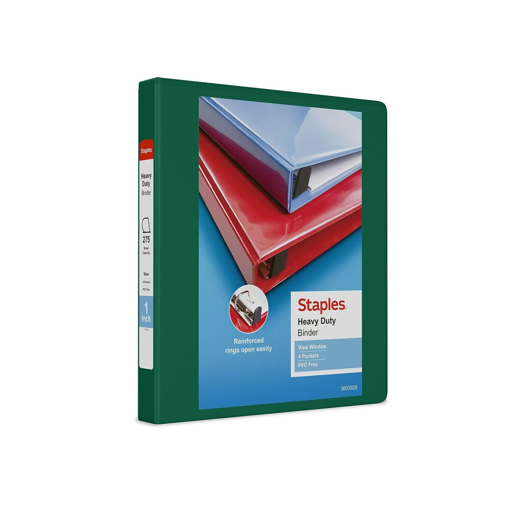 Staples 82708 Heavy Duty 1-Inch 3-Ring View Binder Green (24670)