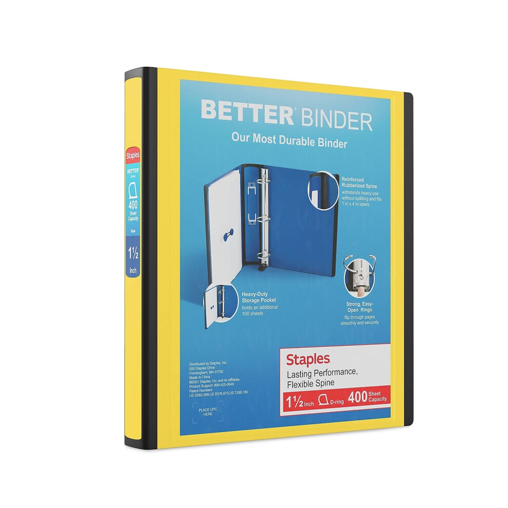 Staples 827605 1.5-Inch D-Ring Better Binder Yellow (19060)