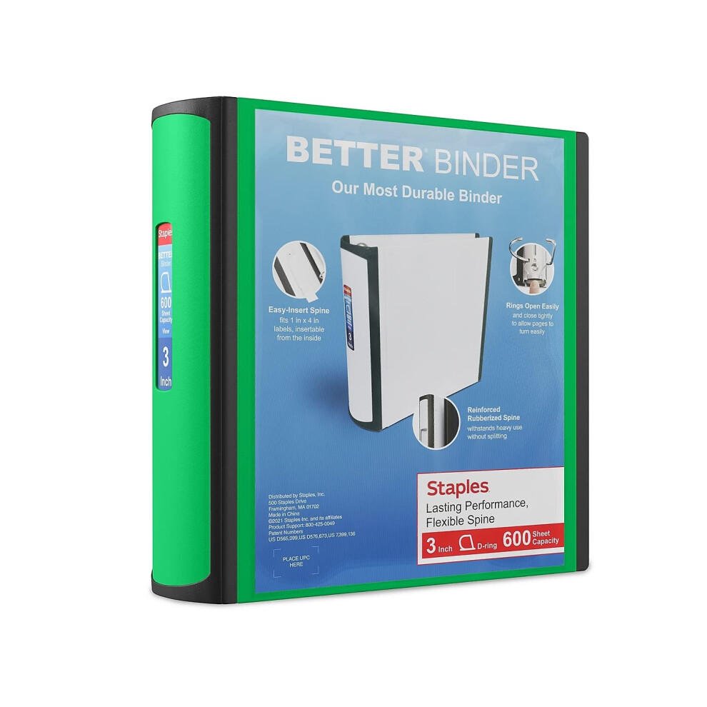 Staples 892167 Better 3-Inch D 3-Ring View Binder Green (19936)