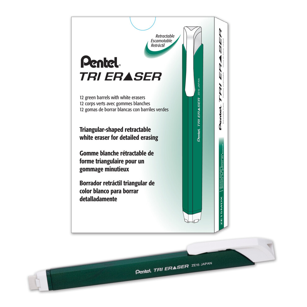 Pentel Tri Eraser Retractable Eraser  Metallic Green Barrel  Box of 12