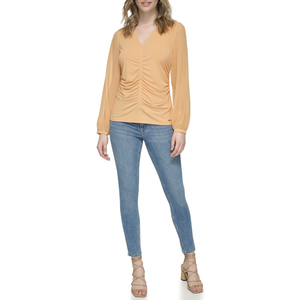 Calvin Klein Women's Long Sleeve Gathered Front Knit  Cantaloupe  Larg