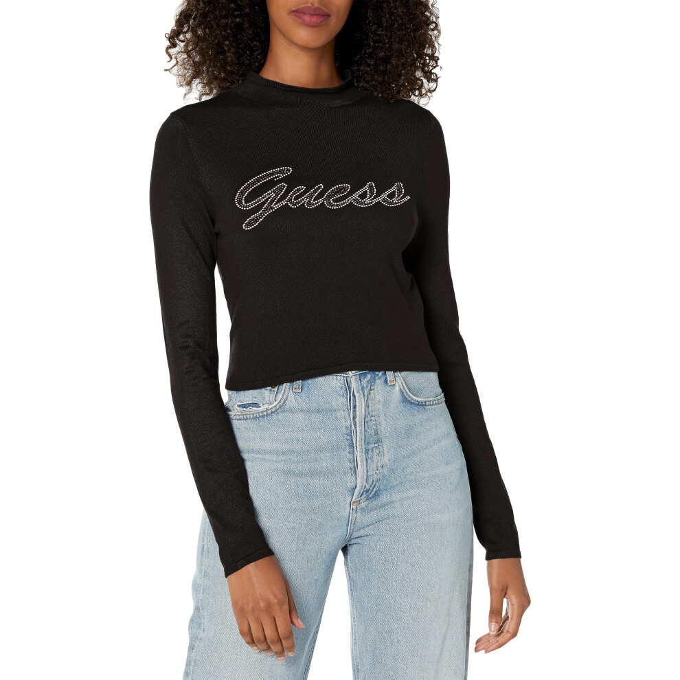 GUESS Women's Long Sleeve Rhinestone Logo Sweater  Jet Black