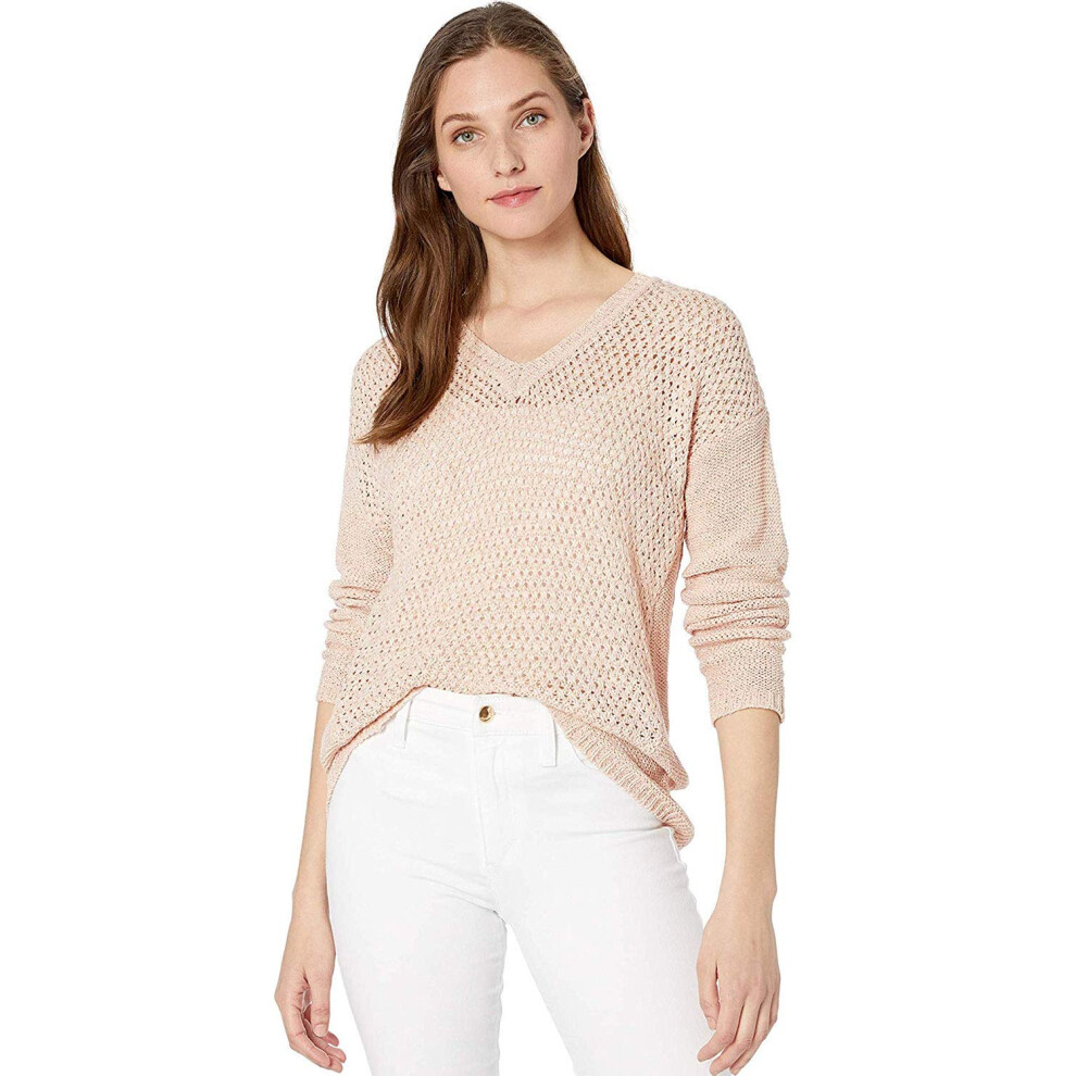 Calvin Klein Women's V-Neck Open Stitch Sweater  Blush  Large