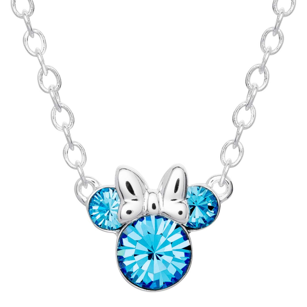 Disney Minnie Mouse Birthstone Jewelry, December Birth Month Pendant Necklace, Silver Plated, Light Sapphire Blue Crystal