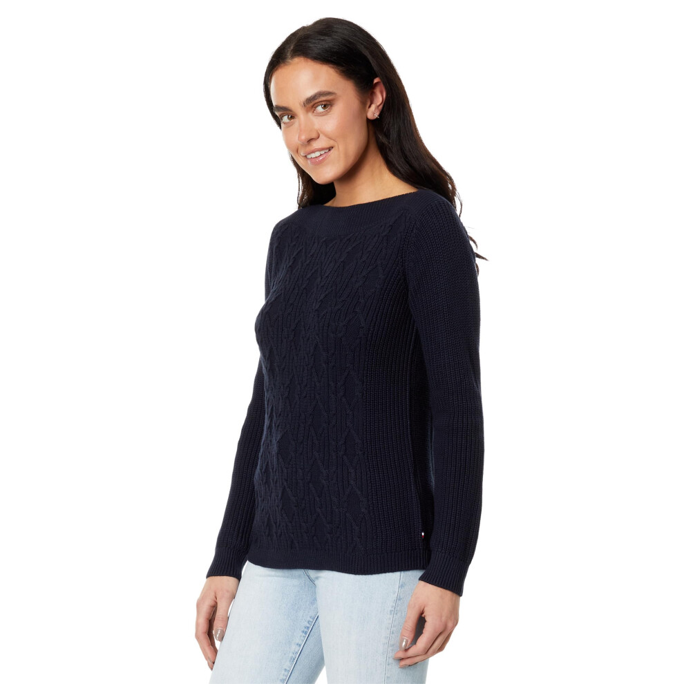 Tommy Hilfiger Women's Cable Boatneck Everyday Sweater  Sky Captain  L