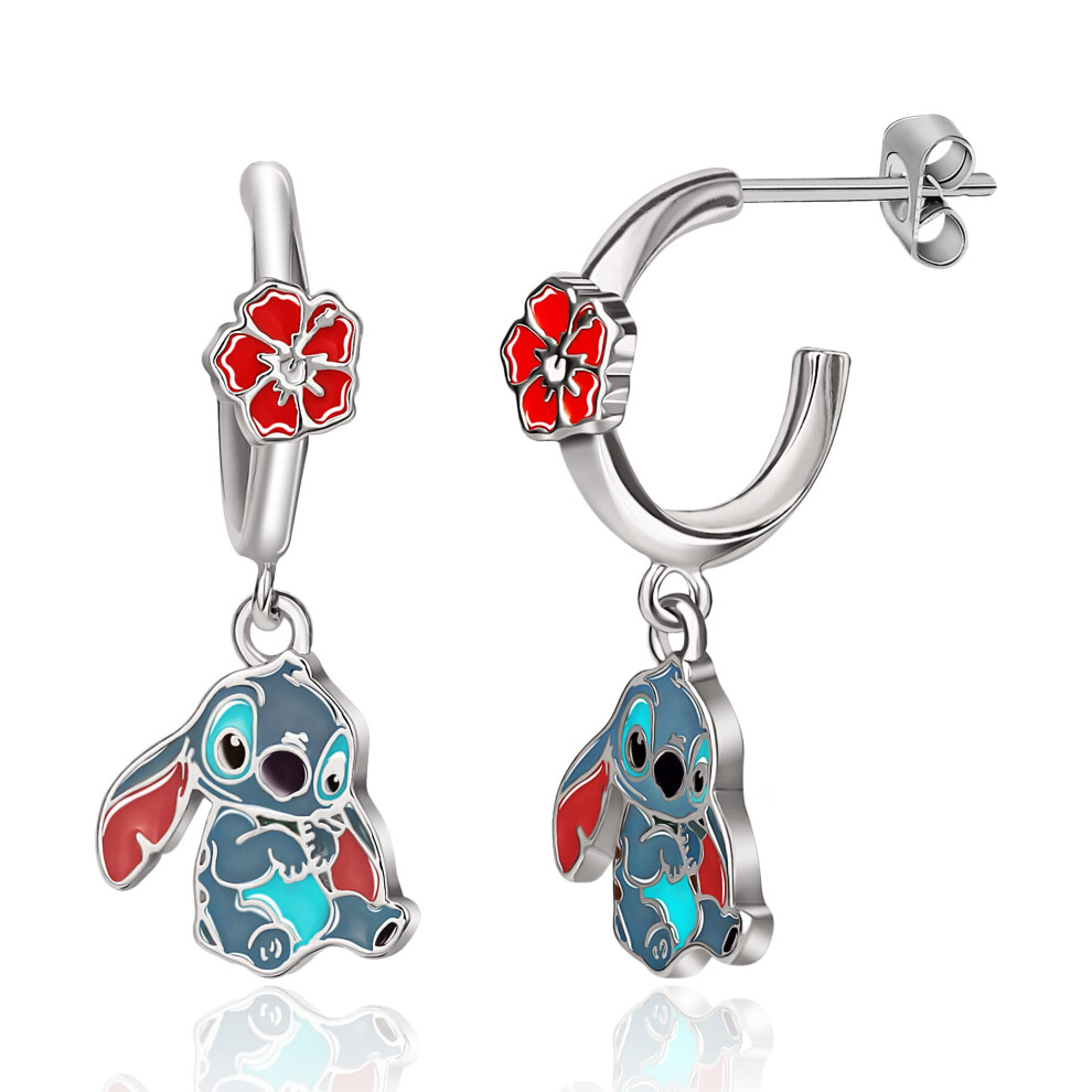 Disney Girls Lilo & Stitch Hoop Earrings - Enamel Hibiscus Flower & St