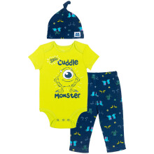 Disney Pixar Monsters Inc. Mike Baby Jungen 3-tlg. Outfit Set: Bodysuit Hose Mütze Blau/Grün 12 Monate