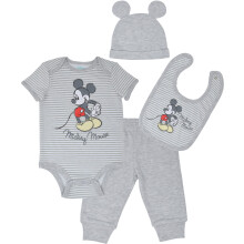 Disney Mickey Mouse  4-czesciowy zestaw ubranek dla chlopcσw: Body Spodnie Czapka na szelkach Bialy/Szary 0-3 miesiace