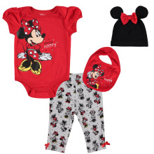 Disney Minnie Mouse Nowonarodzone dziewczynki 4-częściowy zestaw strojów: body, spodnie, czapka na szelkach, czerwona, 0-3 miesiące