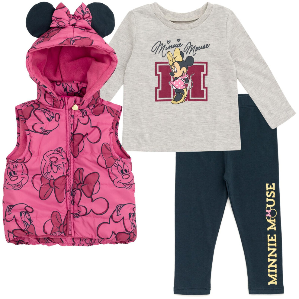 Disney Minnie Mouse Little Girls Zip Up Vest Puffer T-Shirt and Leggin