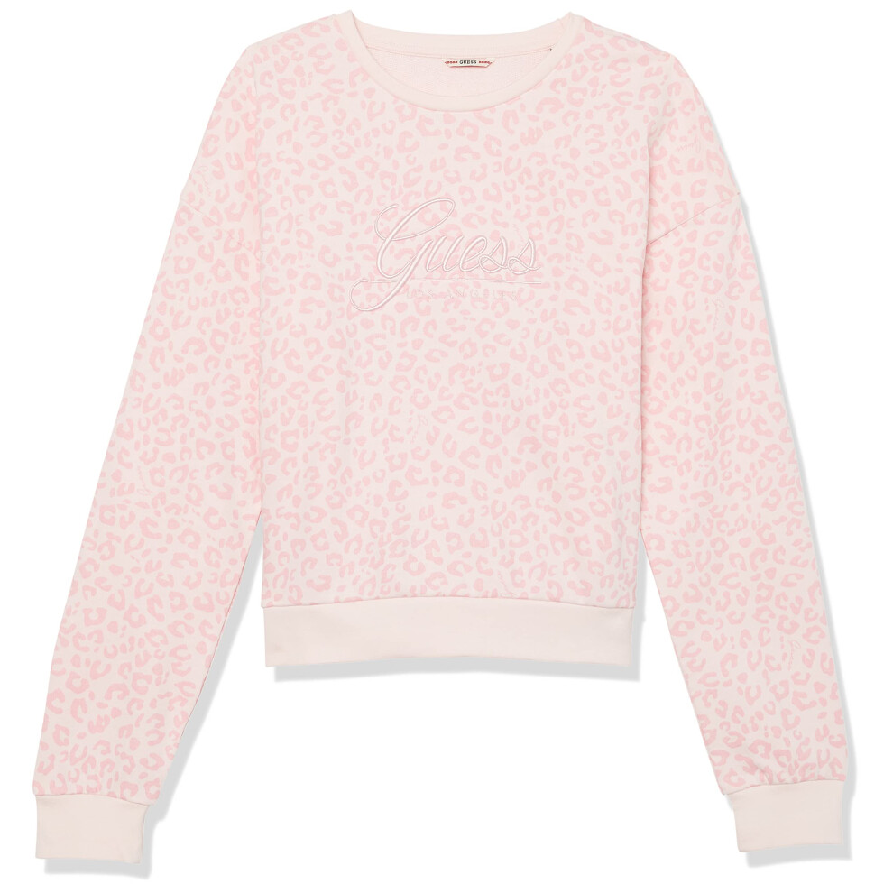 GUESS Girls' Long Sleeve French Terry Active Pullover  Light Pink Leop