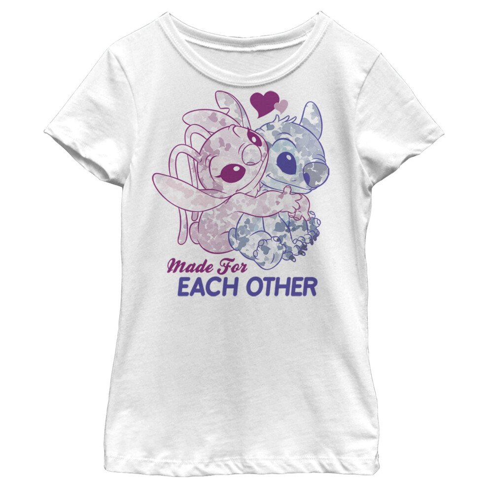 Disney Lilo Stitch Angel Together Girl's Solid Crew Tee  White  Small