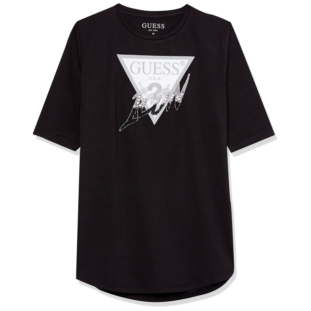 GUESS Girls' 3/4 Sleeve High Low Icon Tee  Jet Black  14