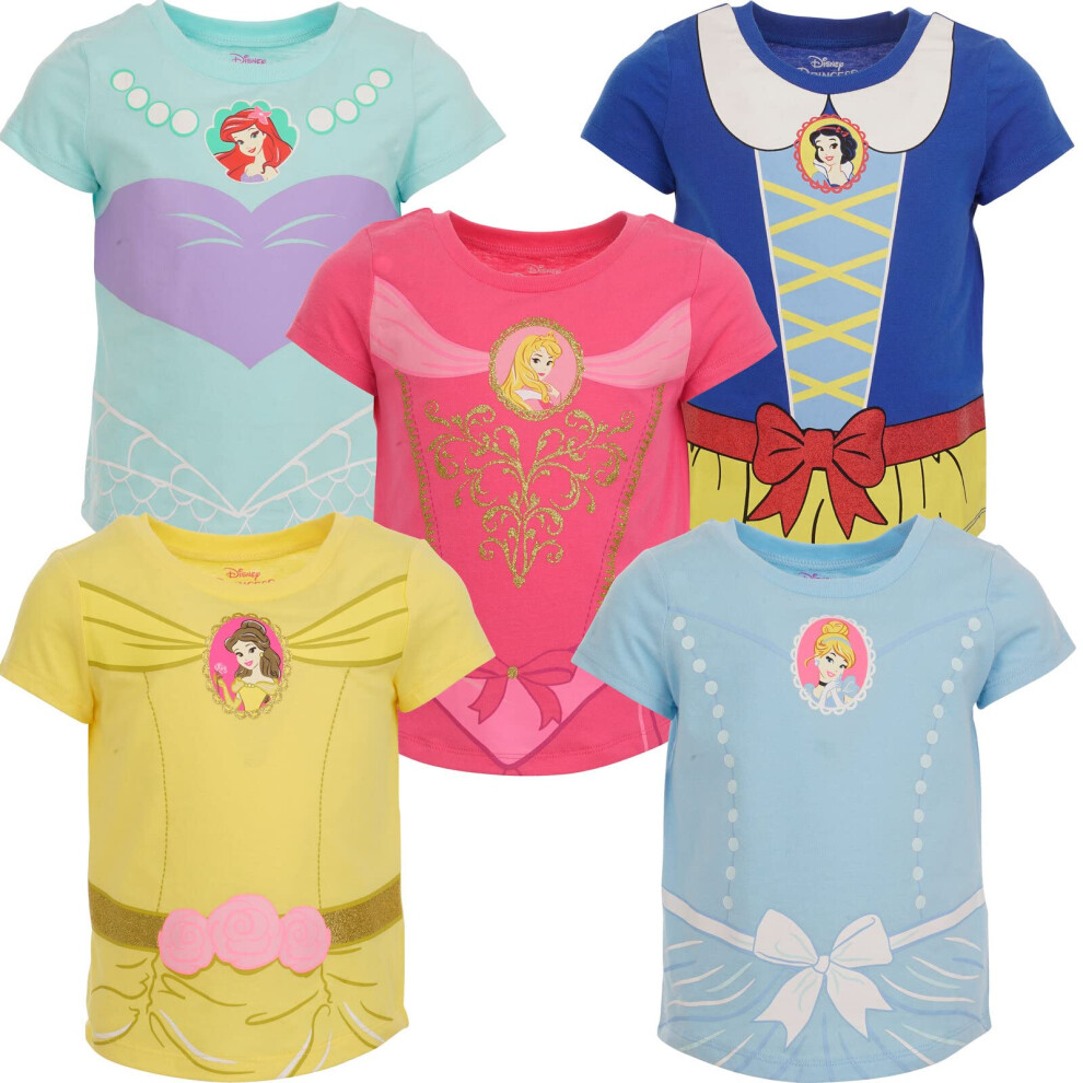 Disney Princess Little Girls 5 Pack Graphic T-Shirts Blue/Pink/Yellow