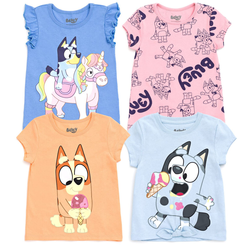 Bluey Toddler Girls 4 Pack T-Shirts Pink/Orange/Blue/Gray 2T