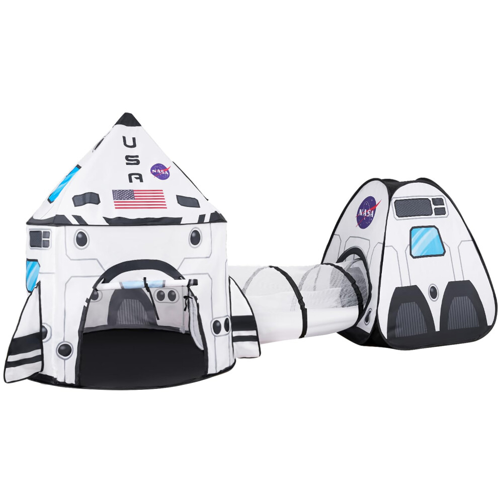 JOYIN White Rocket Ship Pop up Play Tent with Tunnel and Playhouse Kid