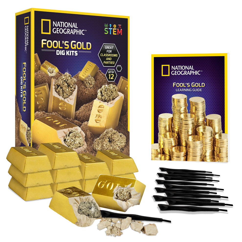 NATIONAL GEOGRAPHIC Fools Gold Dig Kit - 12 Gold Bar Dig Bricks with 2