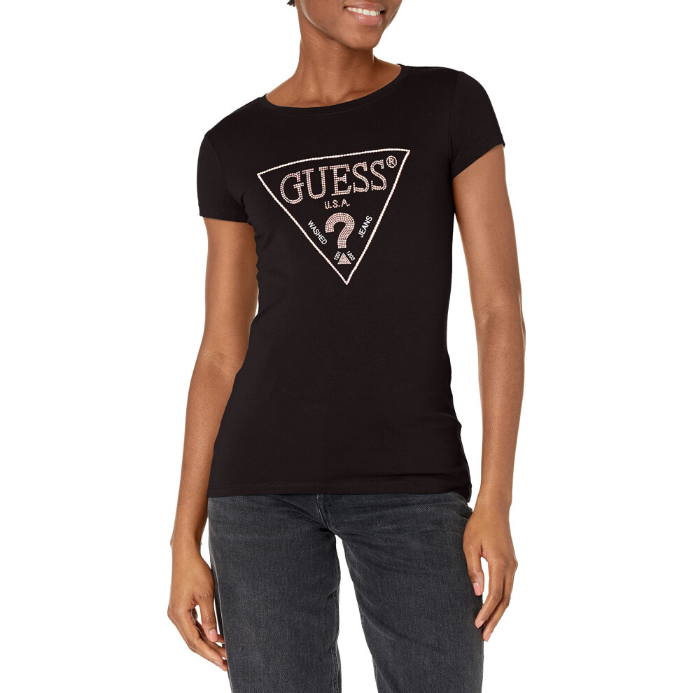 GUESS Women's Short Sleeve Embellished Logo R3 Tee  Jet Black  Small