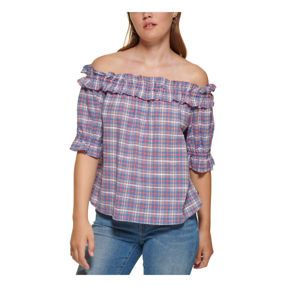 Tommy Hilfiger Womens Ruffled Plaid Blouse Blue S